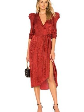 A.L.C. Carolina Rust Red Wrap Midi Dress with Puff Shoulders size 2